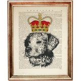 Dog wearing a large regal crown illustration, art print over an antique book page