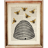 Swarming bees around a classic dome-shaped beehive illustration printed on a vintage dictionary page