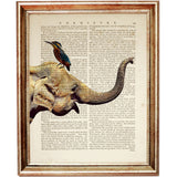 Dictionary art print of an elephant with a bird perched on its head