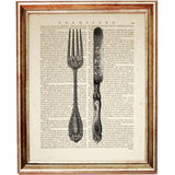 Artistic depiction of knife, fork, and spoon in dictionary style print