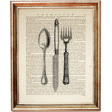Set of 4 cutlery dictionary art prints featuring spoon, knife, and fork