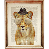 Lion Wearing Glasses and Hat Dictionary Art Print