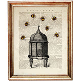 Detailed Victorian-style beehive on legs surrounded by bees, printed on an old book page