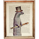Anthropomorphic otter holding a flute and wearing a steampunk top hat, printed on a vintage book page