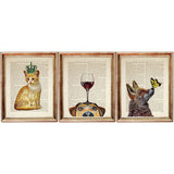 Set of three vintage-style animal prints: cat with crown, dog with wine, and fox with butterfly, on book pages