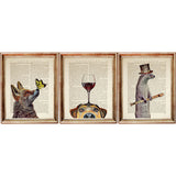 Set of three prints featuring a fox with butterfly, dog with wine glass, and otter with flute on vintage dictionary pages