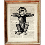 Set of 3 Wise Monkeys Dictionary Art Prints, Guardians of Virtue Decor