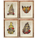 Set of 4 Sailor Jerry Tattoo Dictionary Art Prints, Inked Legends