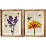 Botanical Flower Wall Art Set, Dictionary Prints with Gerbera, Lavender and Bees - Home Decor