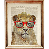 Lion Hat Wall Art Print, Glasses Poster, Dictionary Art Funny Animal Portrait