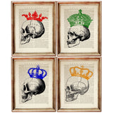 Set of 4 Crowned Skull Dictionary Art Prints, Royal Skulls Wall Decor
