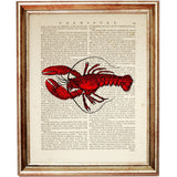Set of 4 Lobster Dictionary Art Print, Captivating Crimson Crustaceans