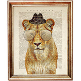 Lion Hat Poster, Glasses Wall Decor, Funny Animal Dictionary Art Print