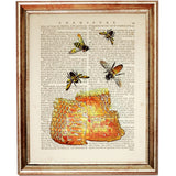Botanical Wall Art Set of 3 Flowers, Bees, Dictionary Prints - Honey Beehive Poster Trio