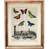 Vintage Locomotive meets Butterflies Dictionary Art Print