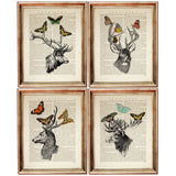 Set of 4 Deer Portraits with Butterflies Dictionary Art Prints