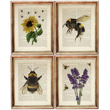 Set of 4 Flowers with Bees Dictionary Art Prints, Blooming Harmony Art