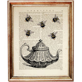 Sunflower Bee Teapot Dictionary Art Prints Set