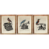 Vintage Typewriter, Gramophone, Telephone with Birds Trio, Set of 3 Dictionary Art Prints