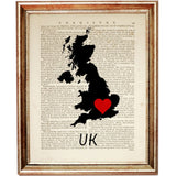 UK Map Wall Art Print, Abstract Silhouette Decor, Great Britain Dictionary Poster
