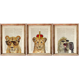 Lion Wall Art Set of 3 Crowned Glasses Dictionary Prints for Safari Nursery Decor