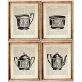Set of 4 Vintage Teapot Dictionary Art Prints, Timeless Elegance Decor