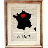 Vintage France Map Poster, Travel Dictionary Art Print, Paris Wall Art, Silhouette Country Map 8x10