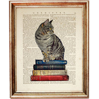 Clever Cat on Piled Books Print