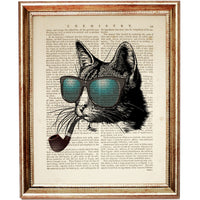 Sunglasses and Pipe Wearing Cat Print Artwork