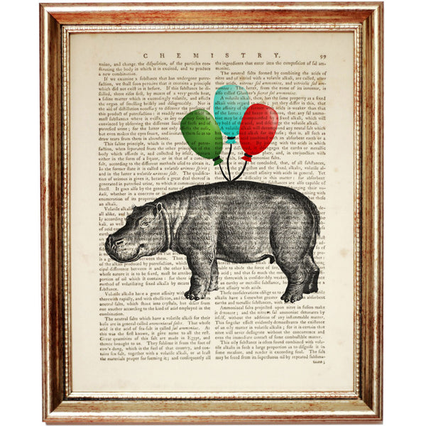 Dictionary Art of Hippopotamus  Colorful Balloons