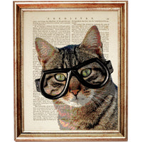 Cat Portrait with Large Eye Glasses Dictionary Art Print