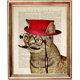 Cat Portrait with Red Top Hat Dictionary Art Print