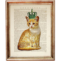 Orange tabby cat wearing a green royal crown illustrated on a vintage book page