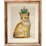 Orange tabby cat wearing a green royal crown illustrated on a vintage book page