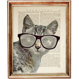 Adorable cat wearing glasses dictionary art print