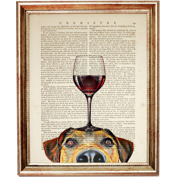 Canine art featuring red wine glass on dog's head