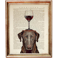 Unique dog portrait art: red wine glass balanced on its head dictionary print