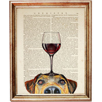 Cute dog with a glass of red wine balanced on its head, vintage book page artwork