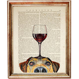 Cute dog with a glass of red wine balanced on its head, vintage book page artwork