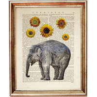 Elegant Elephant with Sunflowers Dictionary Art Print