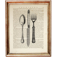 Set of 4 cutlery dictionary art prints featuring spoon, knife, and fork