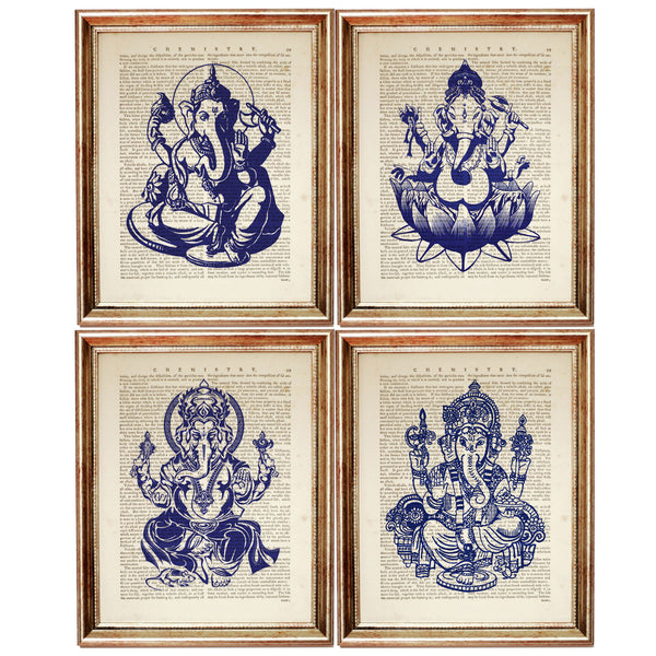 Set of 4 Cobalt Blue Ganesha Dictionary Art Prints
