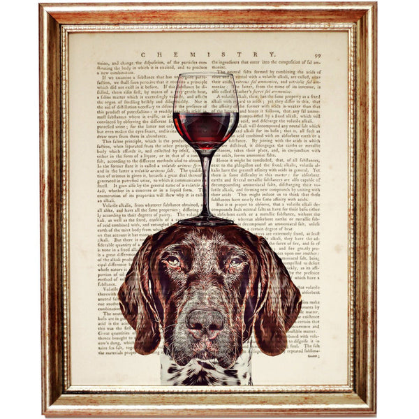 Quirky Dog Dictionary Print: Red Wine Glass Balancing GSP Dog