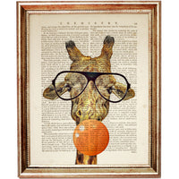 Quirky Giraffe Artwork: Orange Bubblegum Blowing with Black Sunglasses Frame