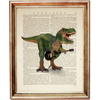 Dino Bass Guitar Dictionary Print - Green Dinosaur Art