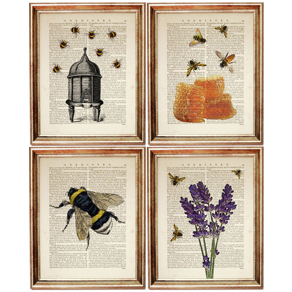 eehive with Bees Art Print - Dictionary Page Style - Set of 4 - Rustic Wall Art