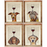 set of 4 prints Dog Portrait with Red Wine Glass Dictionary Art Print