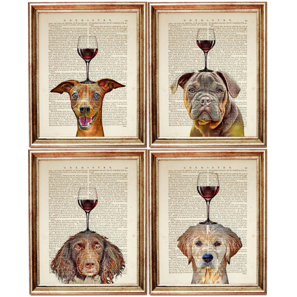 set of 4 prints Dog Portrait with Red Wine Glass Dictionary Art Print