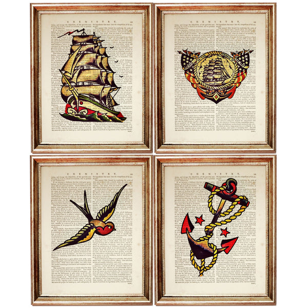 Set of 4 Sailor Jerry Tattoo Flash Dictionary Art Prints