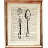 Broad-bladed antique-style knife beside an oval spoon, illustrated in black and white over vintage dictionary typography